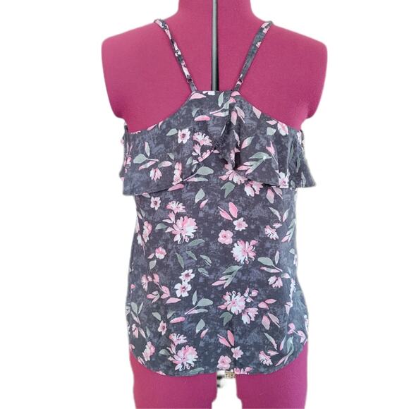 American Eagle 100% Modal Grey & Pink Floral Boho Ruffle Top sz S - Picture 2 of 6